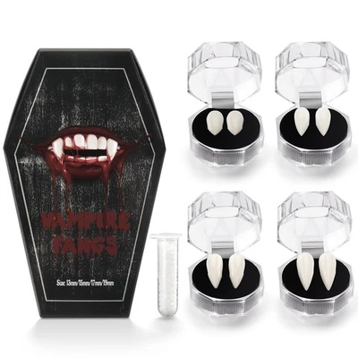 Los mejores 4 pares de colmillos tamaño dientes de vampiro con pegamento para dientes, Halloween horror falso Foto 1 de 4