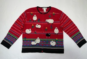 Cárdigan Suéter Vintage Susan Bristol Rojo Floral Oveja Bordado Talla L - Imagen 1 de 11