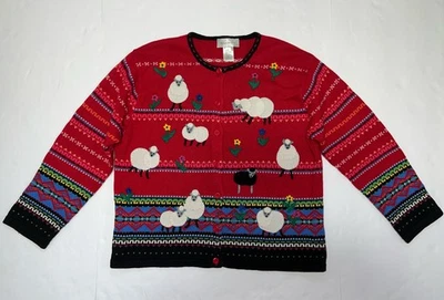 Vintage Susan Bristol Cardigan Sweater Red Floral Sheep Embroidered Size L - Image 1 of 4