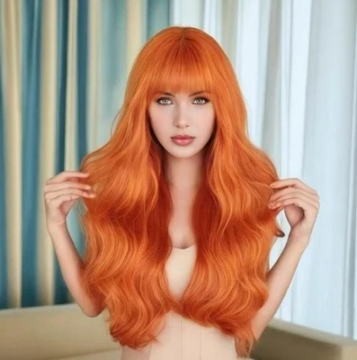 Peluca, Para Mujer Naranja Pelo Largo Grande Ondulado Air Bangs Largo Rizado Pelo Completa Cubierta Foto 1 de 4