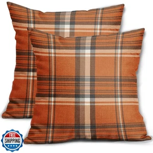 Fall Plaid Pillow Covers 16x16 Set of 2 Burnt Orange Blue Buffalo Plaid Tarta - Picture 1 of 5