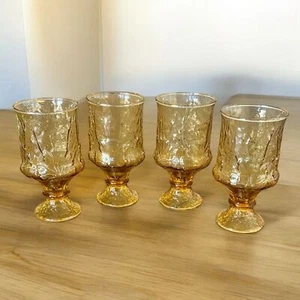 Vintage Amber Floral Design Footed Goblets Set of 4 Juice Water Glasses  - Picture 1 of 6