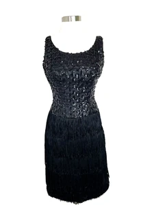 VTG Jr Theme NY XS Party Dress Black Fringe Skirt Sequin Lace Top Sleeveless - Picture 1 of 13