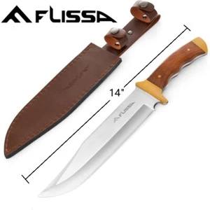 Flissa 14" Bowie Hunting Knife Full-tang Fixed Blade Wood Handle Knife Survival - Picture 1 of 9