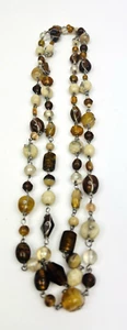 VTG Brown Tan Textured Glass Bead Gold Tone Wire Wrapped Beaded Strand Necklace - Picture 1 of 13