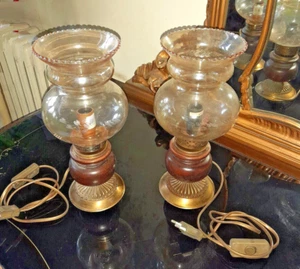 COPPIA ANTICHE LAMPADE ABATJOUR LEGNO PARALUME IN CRISTALLO x SALA o COMODINI - Imagen 1 de 6