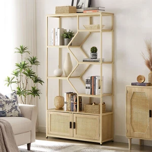 Rattan 7 Tier Bookshelf Rattan Boho Bookcase with Doors for Living Room Office - Picture 1 of 18