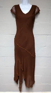 Vintage Y2K Silk Chiffon Bias Midi Dress Cap Sleeve Asymmetric Lace Hem NEW - Picture 1 of 10