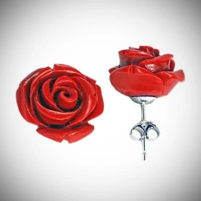 15 мм коралл красный роза post серьги в твердое серебро - новый! - Изображение 1 из 4
