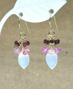14k Yellow Gold Opalite Quartz Briolette Ruby and Pink Topaz Cluster Earrings - Picture 1 of 5
