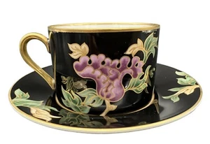 Fitz & Floyd Cloisonne Pfingstrose Tasse & Untertasse schwarz rosa gold lila geblümt - Bild 1 von 6