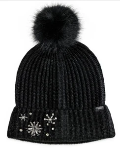 Victoria's Secret Angel Winter Snowflake Sparkle Pom Pom Hat Beanie BLACK - Picture 1 of 2