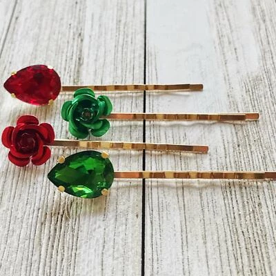 Red and Green Rhinestone Flower Hair Pins, Flower Hair Pins, Womens Hair Pin, Em - Image 1 of 4