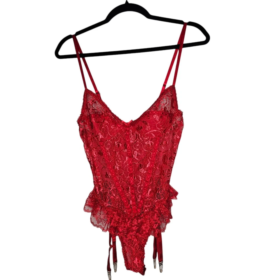 VTG Escante S Sheer Lace Bodysuit Ruffle Garter Lingerie Fairy Grunge Coquette - Image 1 of 4
