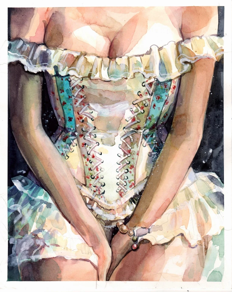 Arte de pared acuarela original mujer erótica pintura mujer en corsé Foto 1 de 3