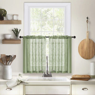 2 Panel Rustic Linen Short Cafe Curtain Tiers Kitchen Farmhouse Decor Rod Pocket - Image 1 of 4