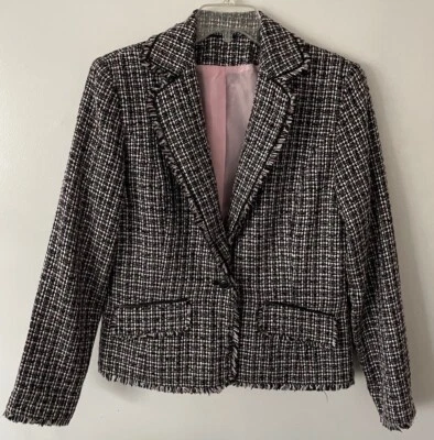 Chaqueta Blazer Larry Levine Negra/Blanca/Rosa Tweed 1 Botón Para Mujer Talla 12” Foto 1 de 4
