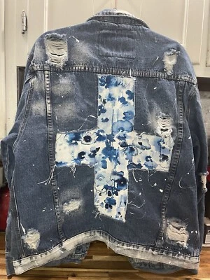 OOAK Denim Jacket With Cross Adult Women Xl - Image 1 of 4