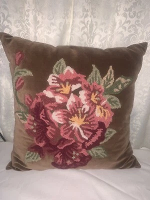 Vintage Velvet Rose Floral Needle Punch Decor Pillow 18"X18"inch - Image 1 of 4