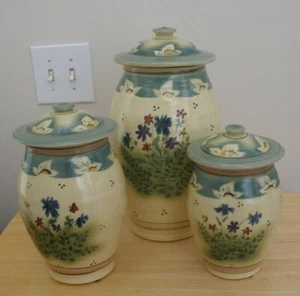 Large Decorative Jars w/Lids Ceramic Wild Flower Print 3 Pcs Vintage 13" 10" 8" - Picture 1 of 12