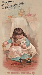 Dr Thomas Eclectric Oil Little Girl Tea Time with Puppy Large Trade Card A8G - Picture 1 of 2
