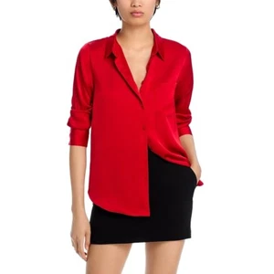 AQUA Satin Button Front Blouse in Ruby Red Size L Classic Formal Pary - Picture 1 of 7