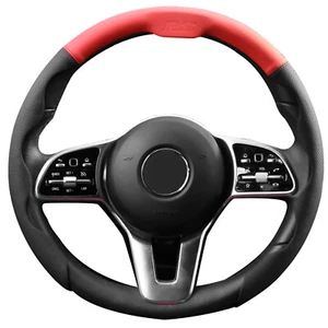 Car Leather Steering Wheel Cover Breathable Anti-slip For 15"/38cm Black Red - Picture 1 of 11
