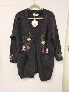 Simply Couture 1XL Cardigan Gray Knit Open Front Floral Embroidery Pockets Plus - Picture 1 of 9