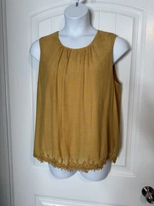 Cold Water Creek Gold Dressy Sleeveless Lined Blouse With Embroidered Hem XL - Picture 1 of 6