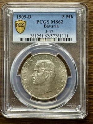 Bavaria 3 mark 1909 D, PCGS MS62 King Otto I - Image 1 of 4