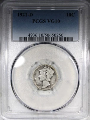 1921-D Mercury Dime PCGS VG10 Circulated KEY DATE 10C - Image 1 of 4