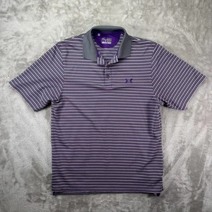 Under Armour Shirt Mens Medium Purple Gray Striped HeatGear Polo Golf Loose Fit - Picture 1 of 7