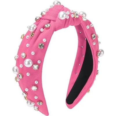  Pearl Knotted Headband, Women Rhinestone Embellished Hairband Elegant Hot Pink - Image 1 of 4
