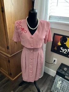 Vintage 1980s Brioche Red Check Work Dress Vest SHOULDER PADS 7/8 - Picture 1 of 11