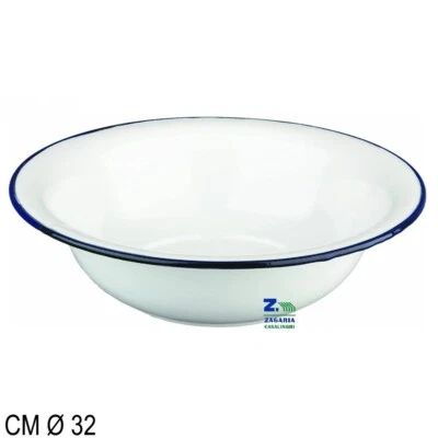 KAUFGUT CATINO TONDO FERRO SMALTATO DIAM. 32 CM BIANCO BORDO BLU STILE VINTAGE RUSTICO