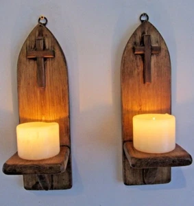 PAIR OF 32CM RUSTIC WOOD GOTHIC WALL SCONCE LED CANDLE HOLDERS WITH CRUCIFIX - Picture 1 of 7