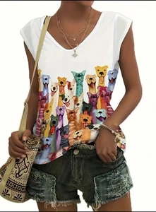 Dog Print V Neck T-shirt, short Sleeve Top-Spring & Summer, Women's Clothing. - Picture 1 of 3