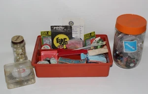 Vintage Sewing Kit Bundle With Old Craft Buttons Woven Badges, Patches, Ribbons - Picture 1 of 4