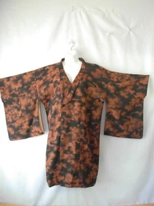 Japanese Vtg Silk Artsy Black+Brown Jacquard-Lined Haori Kimono Coat~OS~48B~EIC - Picture 1 of 12