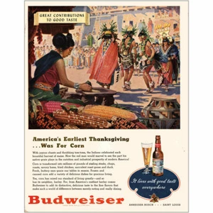 1947 Budweiser: Americas Earliest Thanksgiving Was for Corn Vintage Print Ad - Picture 1 of 1