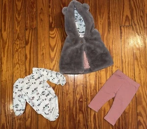 3pc Girl Outfit - Gray Fur Sleeveless Coat, Vintage Print Bodysuit & Pants, 3-6M - Picture 1 of 7