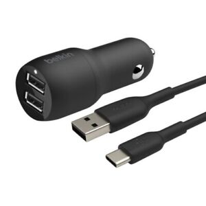 Belkin Car Charger 2 USB 24W Ports and USB-C Cable 1m Compact Black