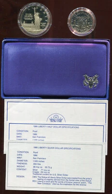 US MINT 1986 2 PC. STATUE OF LIBERTY COINS 90% SILVER DOLLAR & CLAD D74) PF - Image 1 of 3