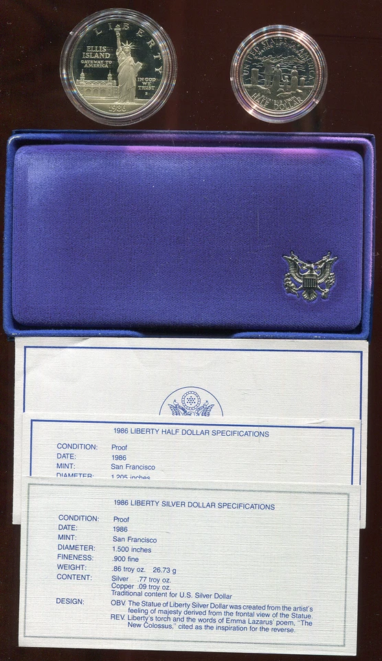 US MINT 1986 2 PC. STATUE OF LIBERTY COINS 90% SILVER DOLLAR & CLAD D74) PF - Image 1 of 3
