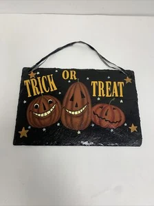 Hand Painted Halloween Jack-o-Lantern Slate Roof Tile Art Wall Hanging Trick Or - Picture 1 of 9
