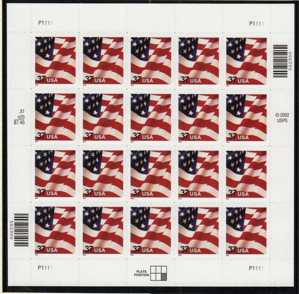 2002 FLAG Sc 3630 MNH 37c full sheet of 20 self-adhesive, plate number P1111 - Image 1 of 1