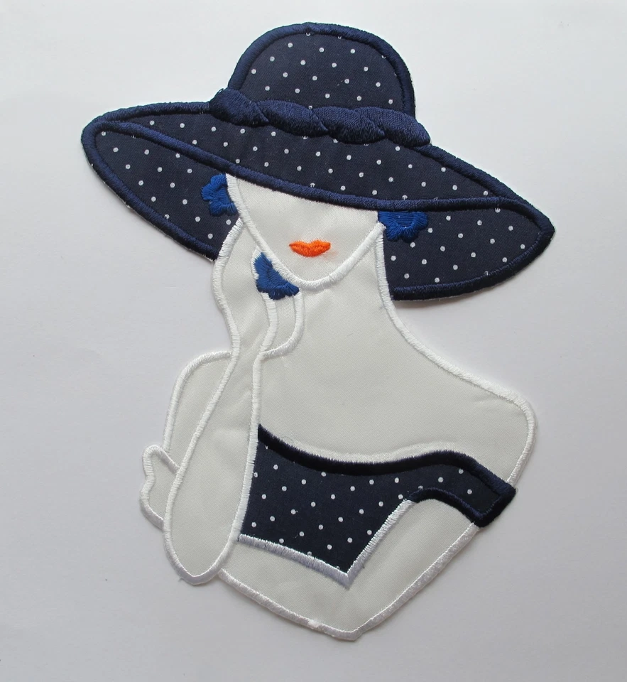#2813LB Thinking Fashion Lady,Blue Dress,Big Hat,Flower Earrings Applique Patch - Image 1 of 1