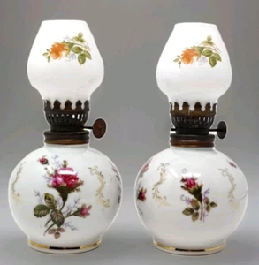 VTG 2 Milk Glass Oil Lamp Pink Rose Floral Matching Globe Small Mini Miniature - Picture 1 of 15