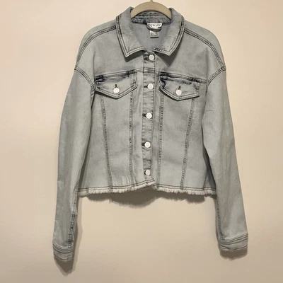 Venus Women's Distressed Light Wash Denim Jean Jacket Cropped Button Up Size XL - Imagem 1 de 4