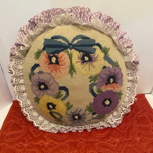 Vintage Round Needlepoint Petit Point Pillow Cream With Pastel Flowers 14” - Picture 1 of 9
